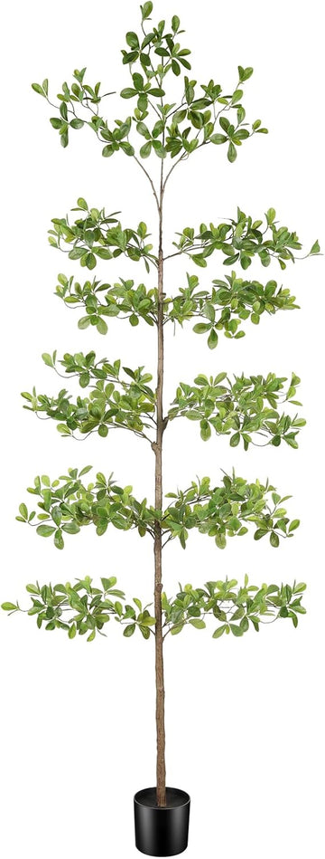 Faux Black Olive Tree 8FT - Tall Artificial Shady Lady Tree with Natural Wood Trunk and Realistic Leaves, Large Fake