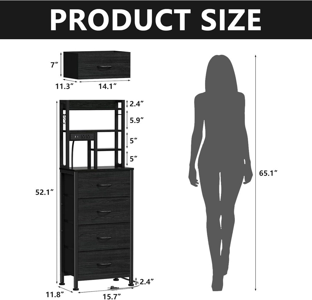Tall Nightstand, LED Night Stand with Charging Station and USB Ports, 4 Fabric Drawers and 4 Tier Storage Shelf