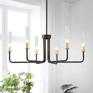 Black Wagon Wheel Chandelier for Dinning Room, Modern Pendant Light Fixture with Glass Shades for Living Room, Entryway, Gold Holder, 6-Light