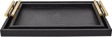 Set of 2 Modern Elegant Large Wood Serving Tray, Rectangle Decorative Tray Ottoman Tay Coffee Table Tray, Black