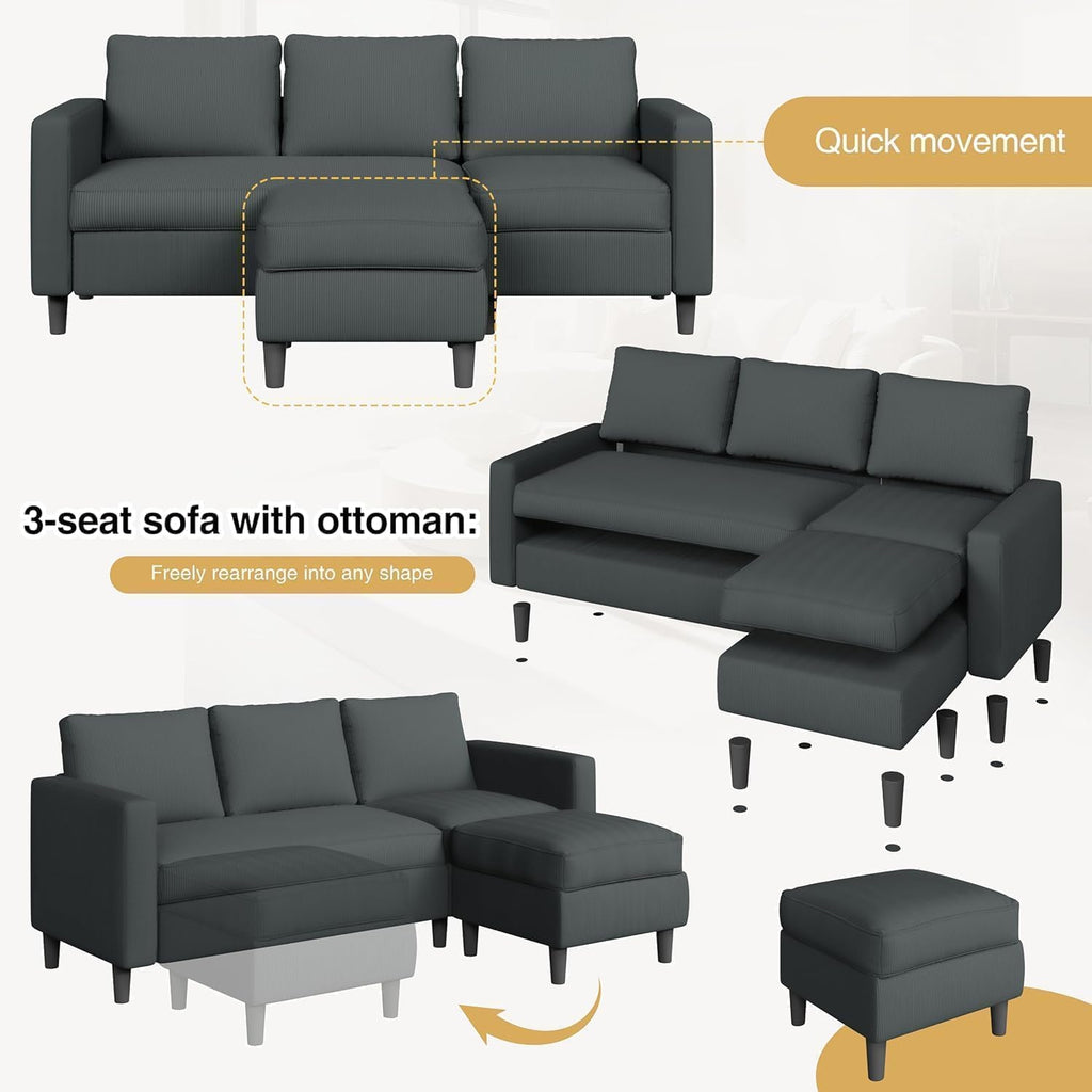 3-Seat Reversible Sectional Sofa with Ottoman, Small Couch, Grey