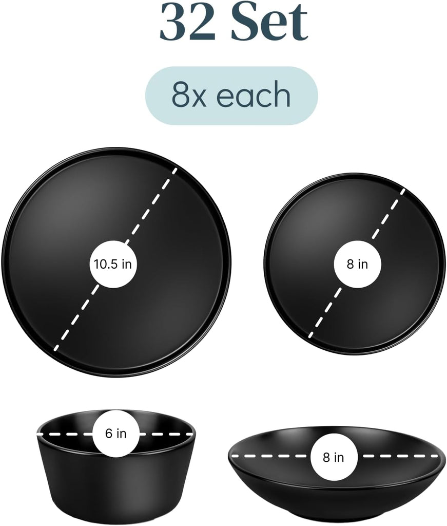 32 Piece Black Dinnerware Set for 8 | Matte Black Plates and Bowls Sets