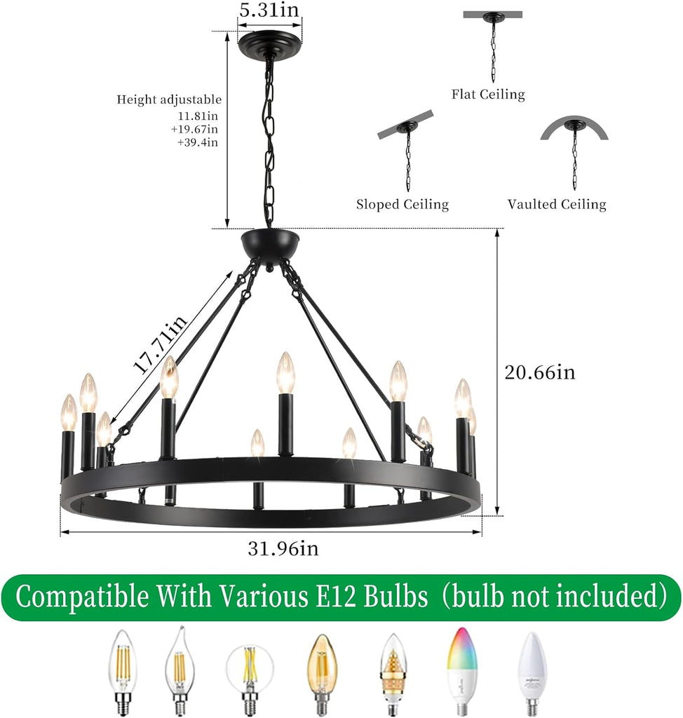 Inspired Camino Style Chandelier - Wagon Wheel Chandelier 32" 12-Light, Round Black Chandeliers Farmhouse Modern Wagon Wheel Light Fixtures, for High Ceiling Dining Living Room, Foyer, Entryway