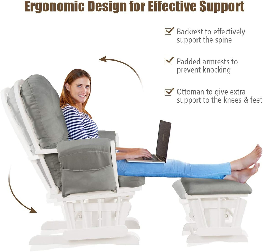Nursery Glider with Ottoman, Upholstered Comfort Glider Rocker with Padded Cushion, Storage Pocket, Solid Wood Base