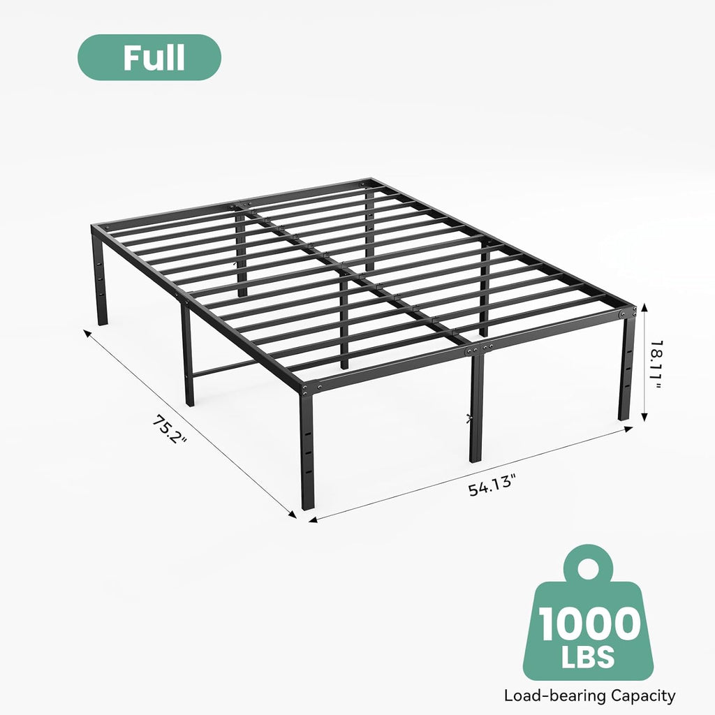 Full 18 Inch Platform Bed Frame, Heavy Duty Metal Foundation Frame, Noise-Free Sturdy Steel Slats, Underbed Storage