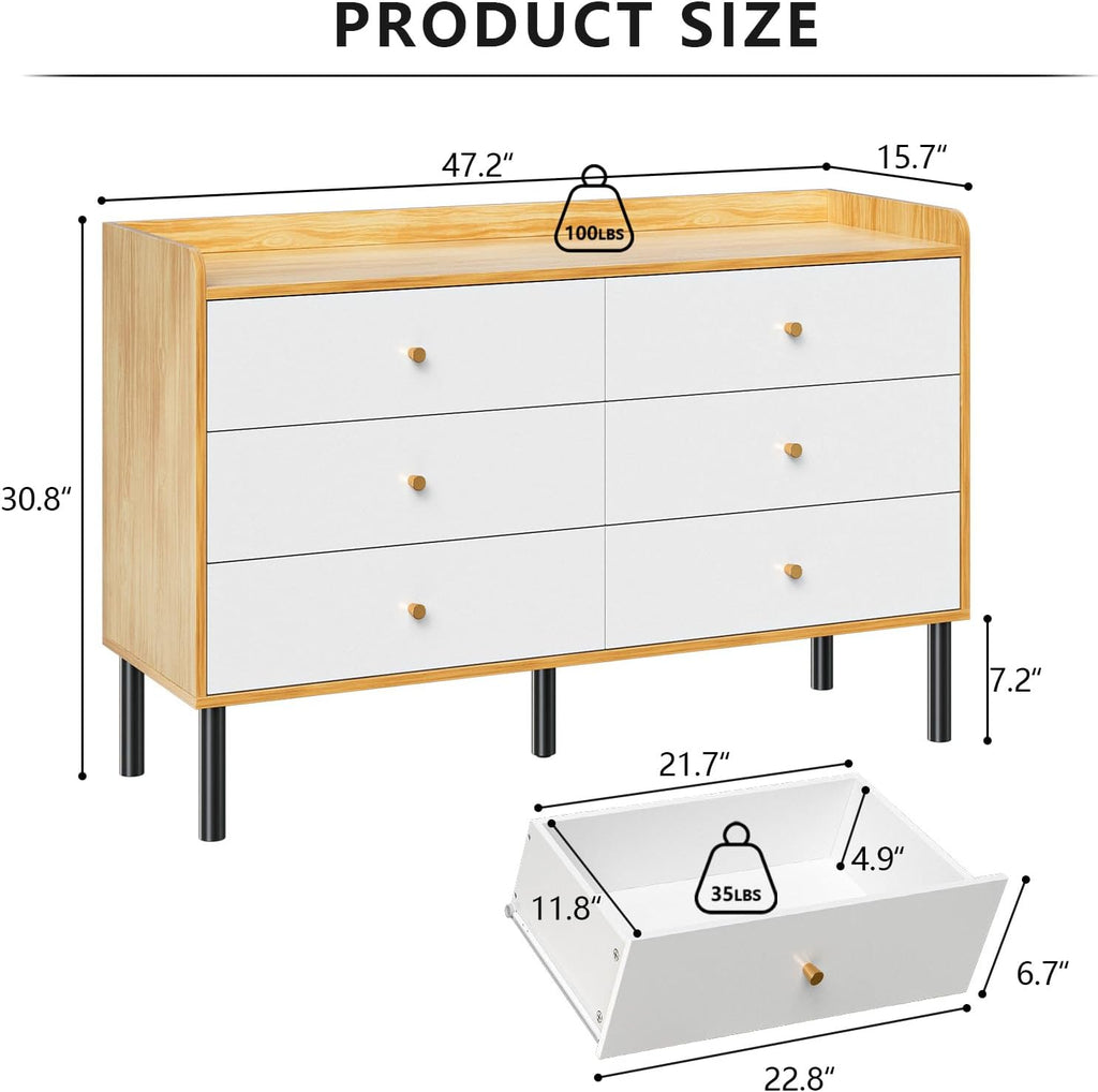 Dresser , 6 Drawer Natural Wood Dresser with Wide Drawer and Metal Handles, Modern Dressers & Chests of Drawers