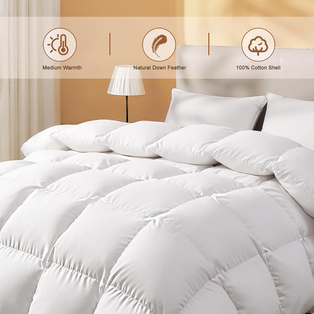 Feather Down Fiber Comforter King, Ultra Soft Fabric Duvet Insert, Luxurious Hotel Collection White 