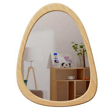 34" x 26" Irregular Wall Mirror, Natural Wooden Framed Asymmetrical Wall Mirror Bedroom Bathroom Entryway, Modern