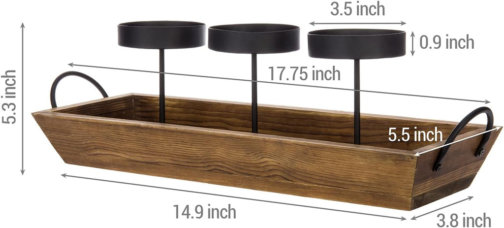 3-Pillar Black Metal Candle Holder with Rustic Wood Tray and Handles, Tabletop/Mantel Centerpiece