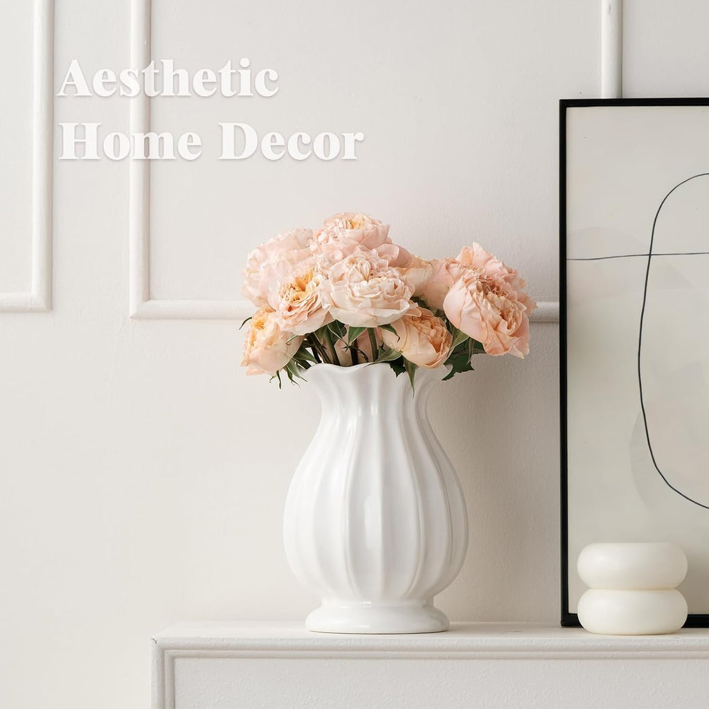 White Ceramic Vase, 7.8 Inch Flower Vase Home Decor Modern Decorative Vases