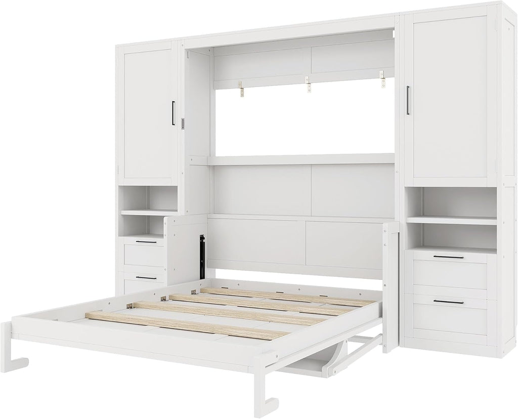 Queen Murphy Bed with Desk, Closet, Drawers and Shelves, Fold into the Wall, Space-Saving Foldable Wood Platform Bed