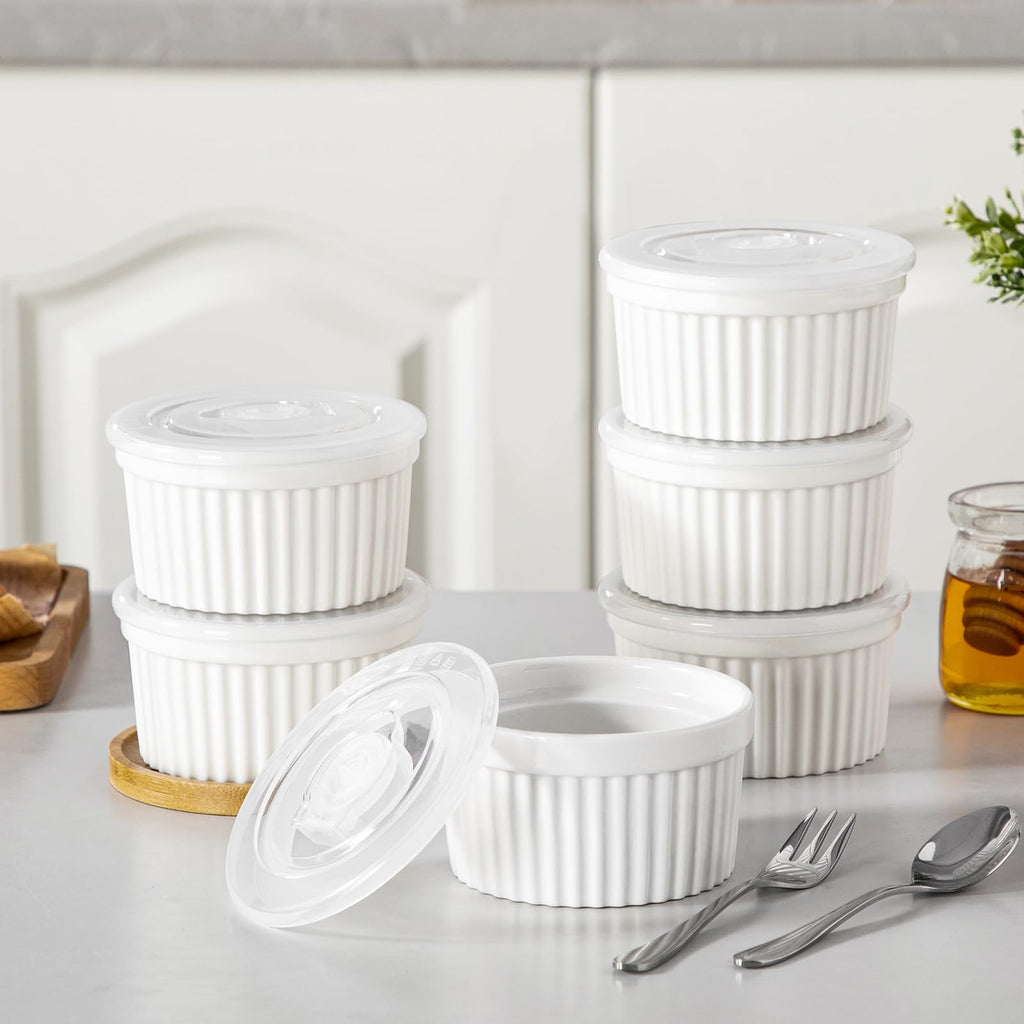8 oz with Lid, Porcelain Creme Brulee Souffle Dishes, White Pudding Custard Cups Ramiken for Baking, Dishwasher and