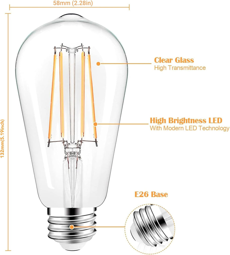 LED Light Bulbs Dimmable Vintage Edison Bulb, E26 LED Bulb 60W Equivalent 720 Lumens, Warm White 2700K, ST58 Antique (Pack Of 4)
