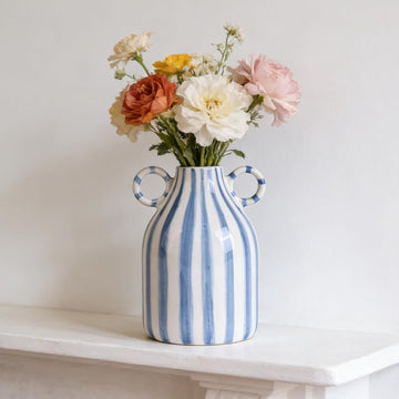 Blue and White Ceramic Vase with Handle, Nordic Boho Small Vases Side Table Flower Centerpiece, Wide Mouth Single