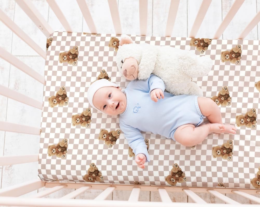 Fitted Baby Neutral Crib Sheets Bear and Buffalo Check Plaid Breathable Unisex Baby Standard Crib Sheet Set for Boys