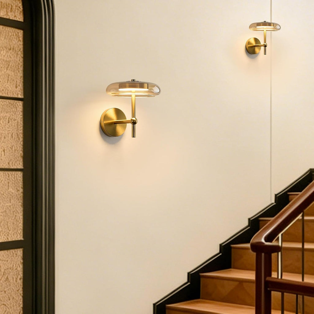 Modern Round Glass Wall Sconce in Brushed Gold, Contemporary Clear Glass Gold Sconce, Hardwired Indoor Wall Lighting