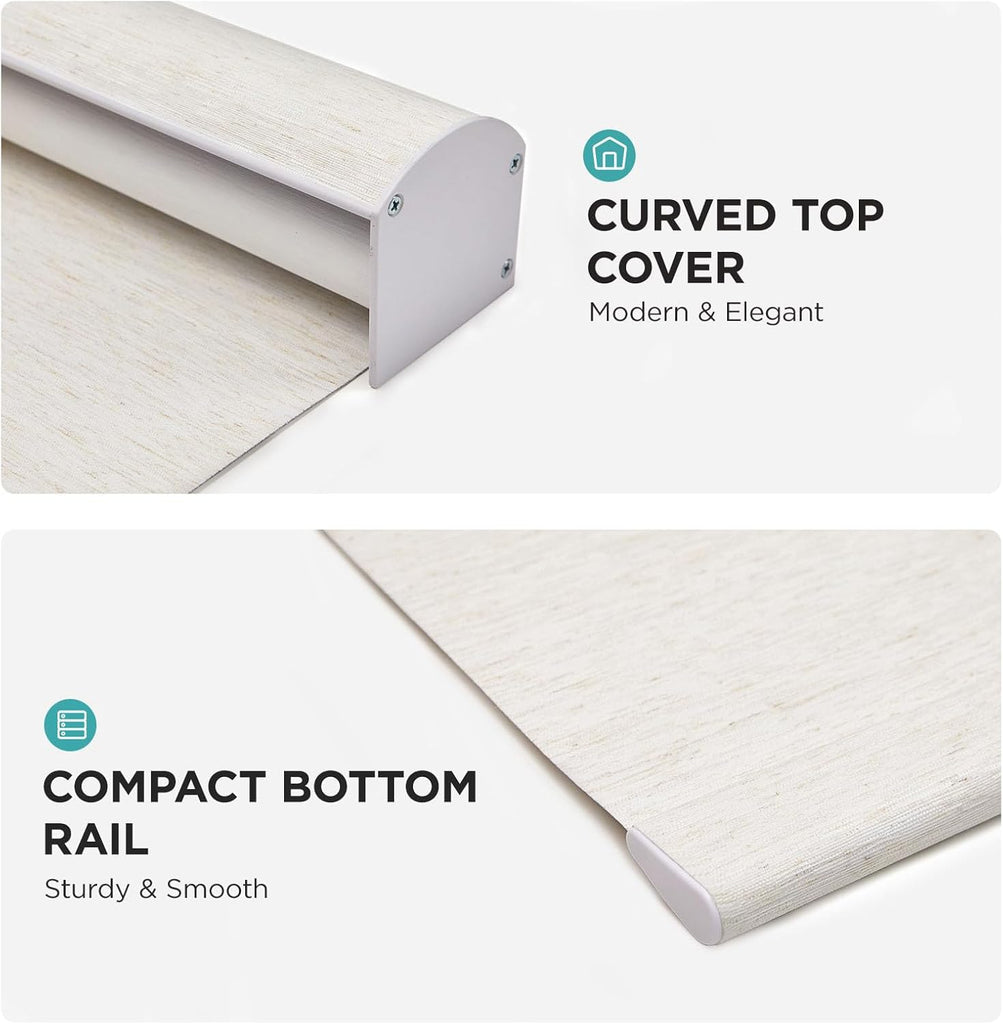 Natural Woven Roller Shades for Indoor Windows, Cordless Blackout Blinds with Curved Valance, Thermal Insulated UV