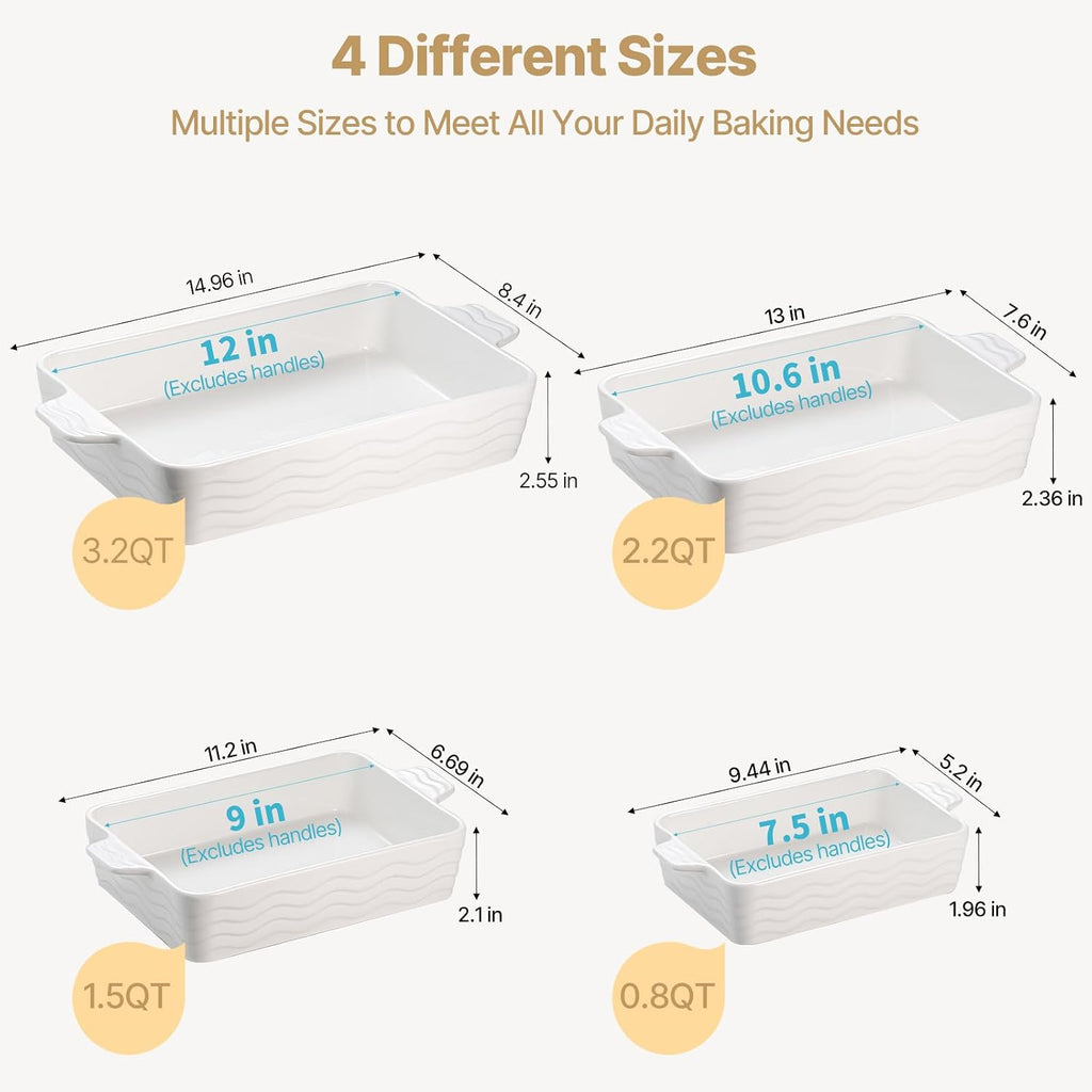 Casserole Dishes for Oven, Ceramic Dishes Set of 4, Porcelain Pan with Handles, Rectangular Lasagna Pan for , Wedding