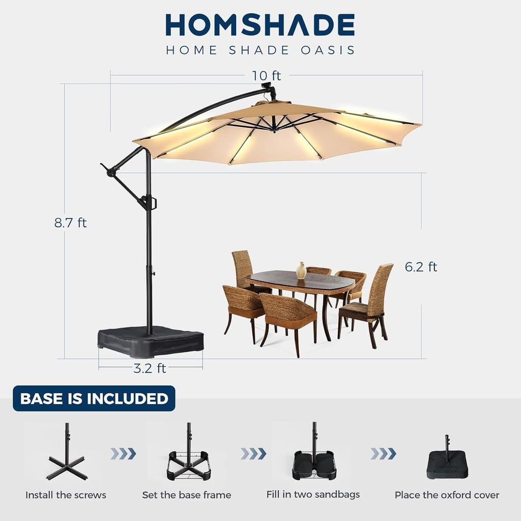 10 ft Offset Patio Umbrella with Solar Lights, LED Lighted Umbrella Outdoor Patio with Base Included - Beige