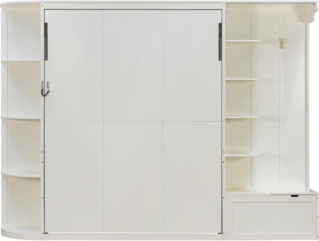 Queen Murphy Bed with Storage and Lights, Hidden Fold-Out Legs, Foldable Murphy Cabinet Bed with Hook, Built-in