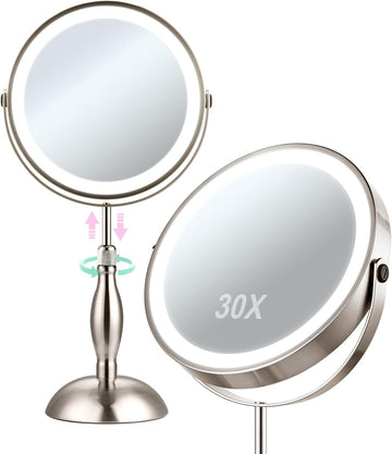 30X Magnifying Mirror with Lights, 8" Height Adjustable Makeup Mirror, Rechargeable 5000mAh, 30x Double