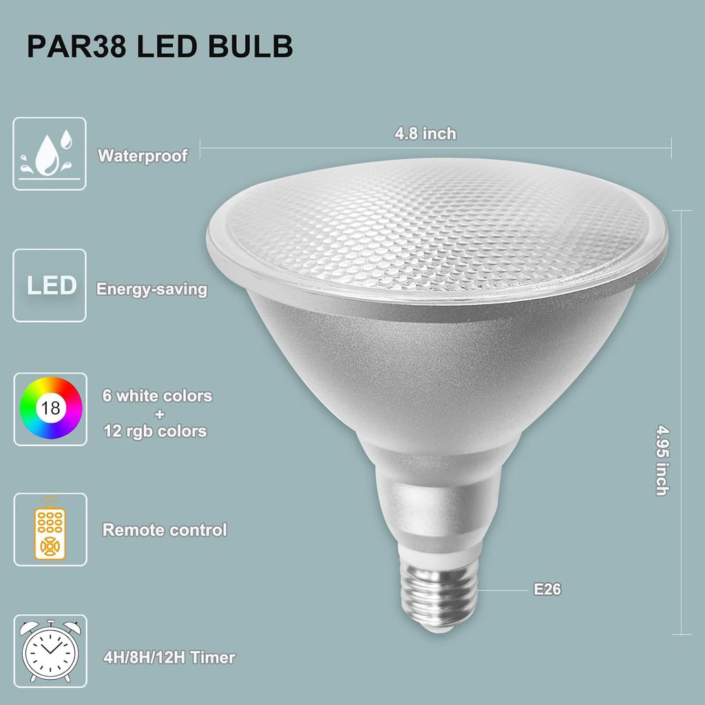 2 Packs Par38 LED Flood Light Bulbs for Halloween Christmas Lighting,30W=100W,Timing E26 Color Changing Bulbs Garden