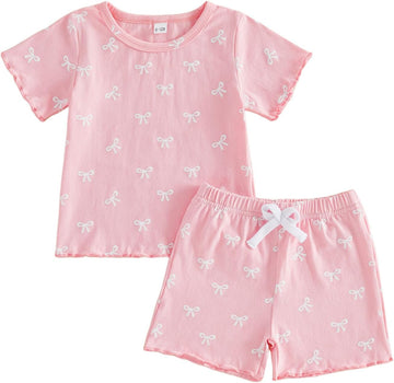 Toddler Baby Girl Summer Clothes Short Sleeve Bow Print T Shirt Tops Shorts Set 6 12 18 24 Months Outfits