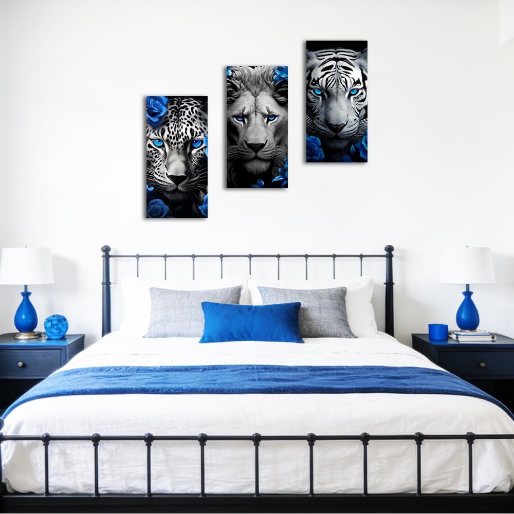 Lion Tiger Leopard Canvas Wall Art Set of 3 Black White Blue Decor Print Wildlife with Flowers Pictures Bedroom