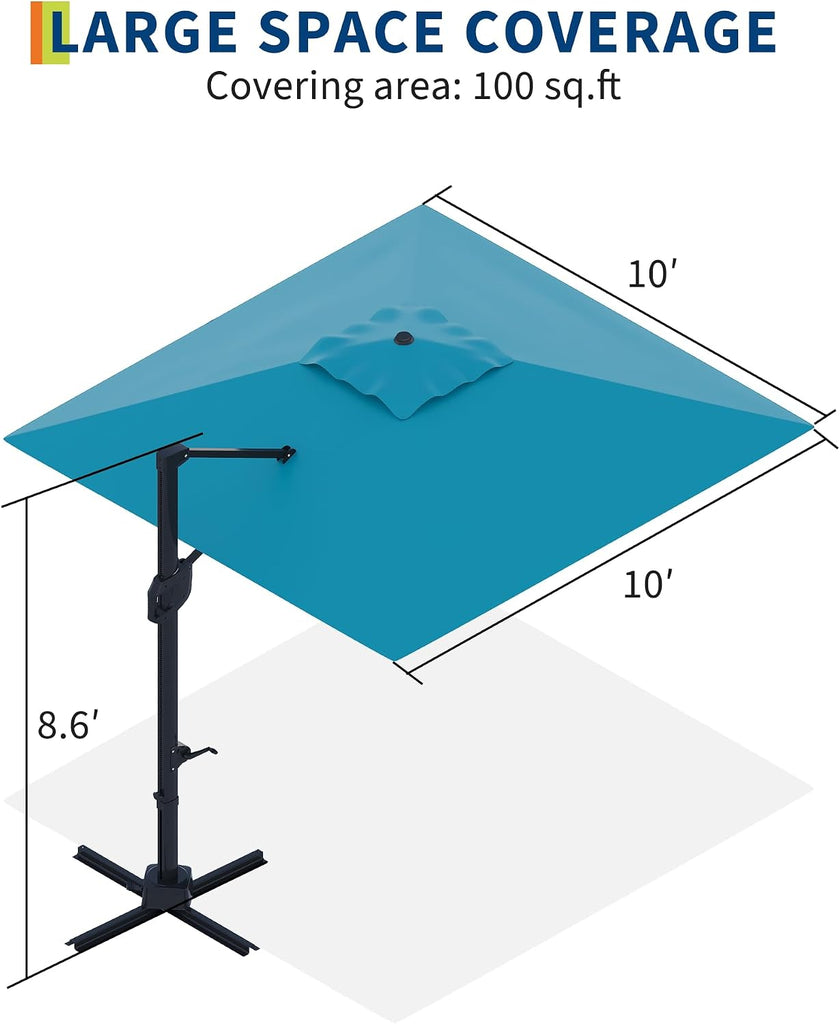 10' x 10' Heavy Duty Square Cantilever Umbrella, Aluminum Offset Outdoor Patio Umbrella with 360-Degree Rotation Pool