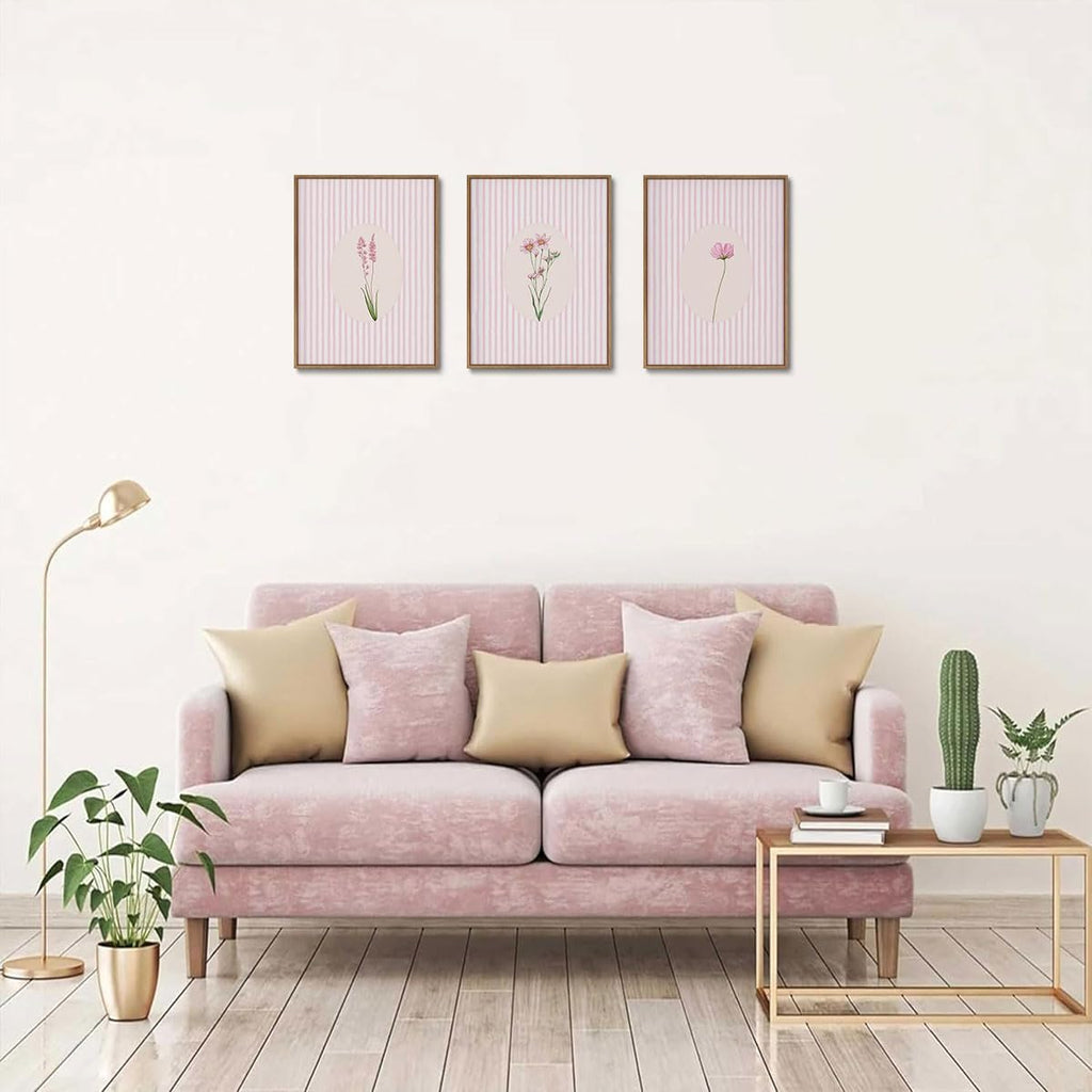 3 Piece Framed Wall Art Wildflowers Wall Decor Botanical Canvas Art Floral Pictures Stripe Paintings Pink Prints Boho