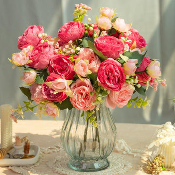 Artificial Peonies Silk Flowers in Glass Vase Faux Flowers Bouquets Modern Penoy Arrangement 4 Pack Decoration Table