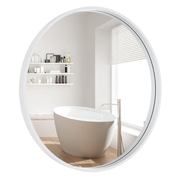 Round Wood Mirror 24 inch Circle Wall Mirror Round Wall Mirror for Wall Decor, Vanity, Entryway Living Room (White)