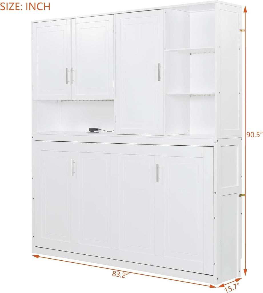 Twin Murphy Bed with Storage Bookcase and Shelves, Space-Saving Horizontal Wall Bed with LED Light & Charging