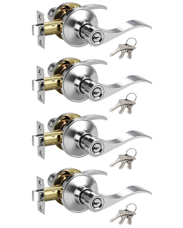4 Pack Door Handle with Lock and Key, Keyed Alike Polished Chrome Door Knob for Front Entrance/Bedroom, Reversible