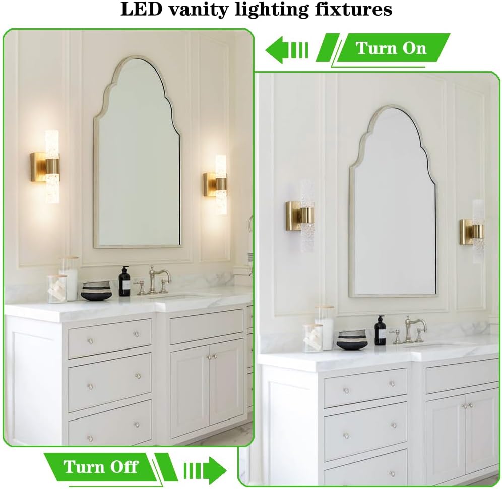 Crystal LED Wall Sconces Set of 2, Brushed Gold Bathroom Light Fixtures, Modern Bathroom Sconce Lights with Wired LED
