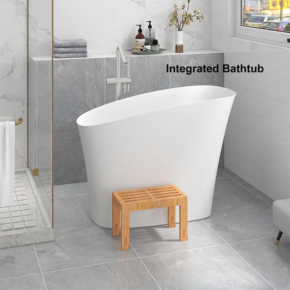 47" Japanese‑Style Irregular Freestanding Soaking Bathtub, Modern White Stone Resin Deep Soaker Tub with Built‑in