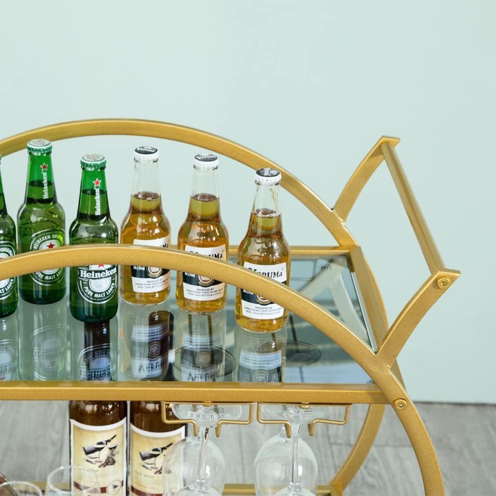 Round Gold Bar Cart 2 Mirrored Shelves Bar Serving Cart with Wheels and Glass Holder, Mobile Wine Cart for The