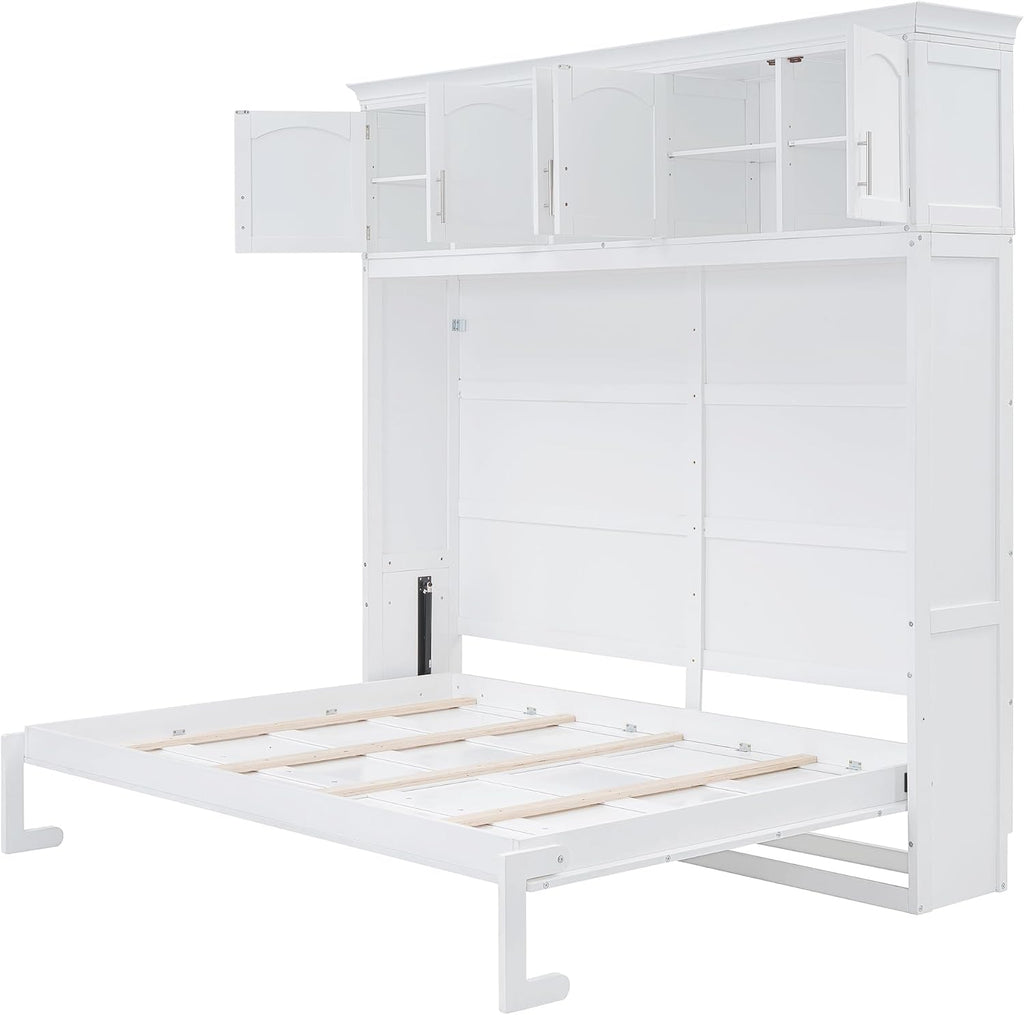 Modern Farmhouse Solid Wood Murphy Bed Chest with Top Cabinets, Tall Wall Platform Bed Space Saving/Wood Slat Support