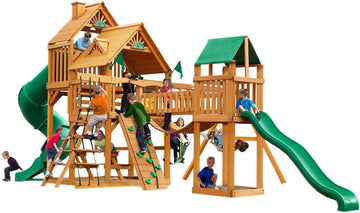 Treasure Trove I Wooded Swing Set with Wood Roof | Rock Wall, Two Slides, Clatter Bridge, Steering Wheel, Telescope