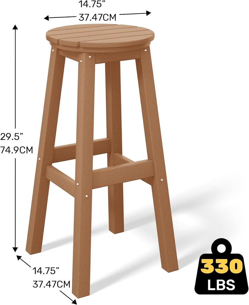 29" Height Outdoor Bar Stools, All-Weather Bar Stools, Adirondack Poly Patio Round Bar Stool Counter and Garden, Teak