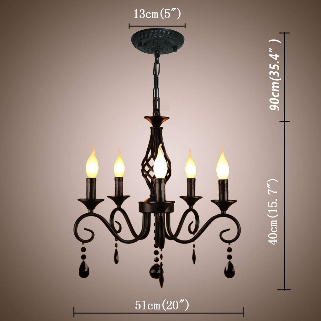 Farmhouse Black Crystal Candle Chandelier, 5 Lights Rustic Industrial Vintage Pendant Light Fixture Hanging Light for Living Room Bedroom Hallway Kitchen Dining Room, E12 Socket