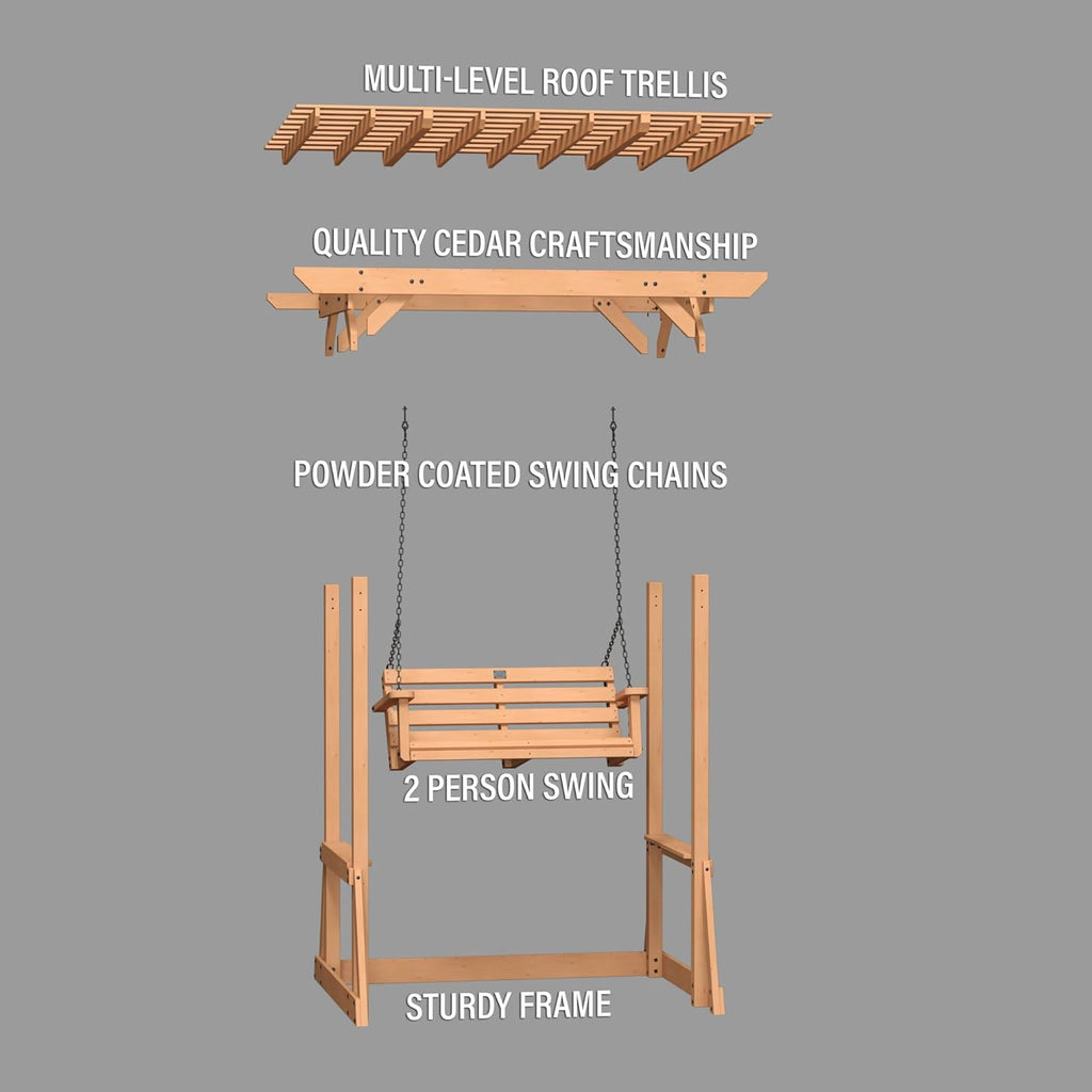 8' x 5' Cedar Wood Outdoor Patio Pergola Swing Bench with Trellis, Two-Person Seating, Chains