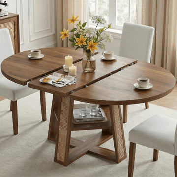 43"-59" Extendable Round Dining Table for 4-8, Transformer Oval Dining Room Table with Removable Leaves Space Saving