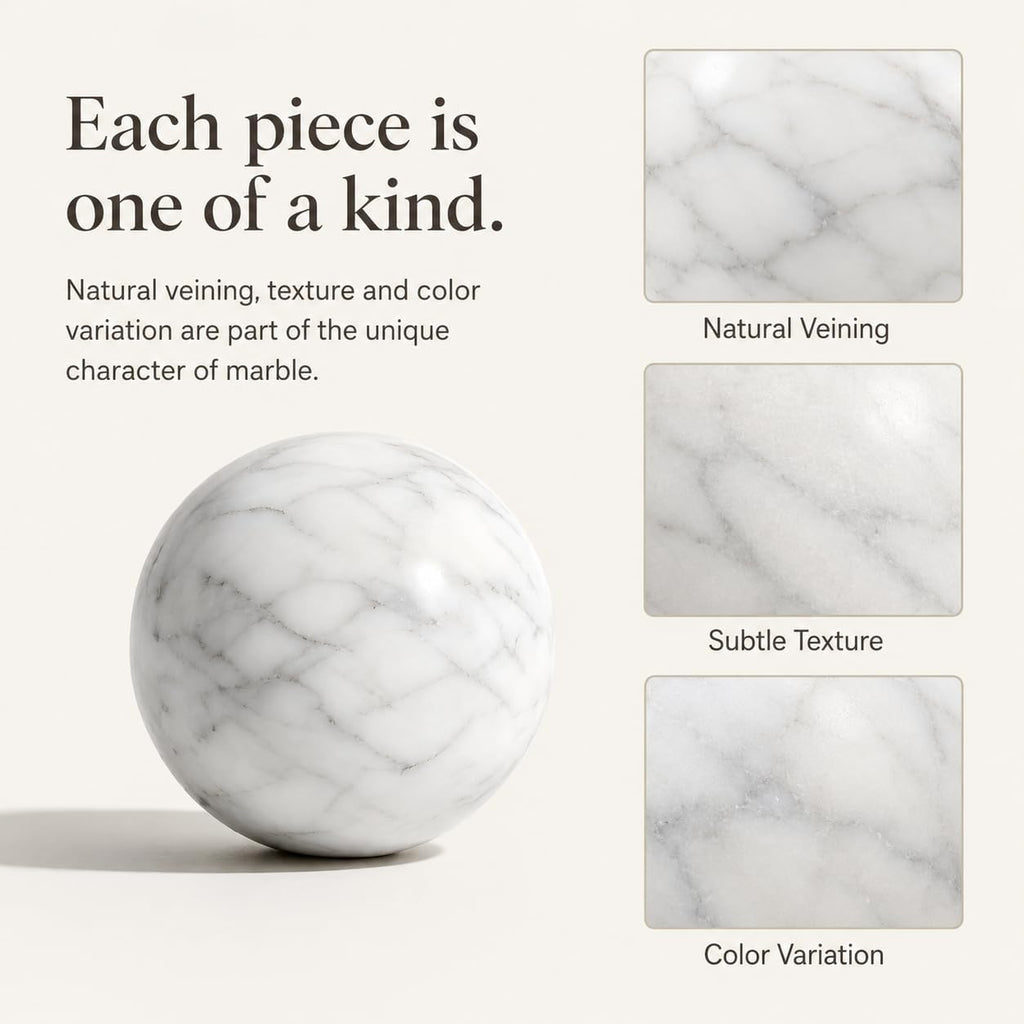White Marble Decorative Sphere, 6cm Natural Stone Orb | 2.36 in Small Stone Bowl Filler Balls for Tray Styling, Shelf