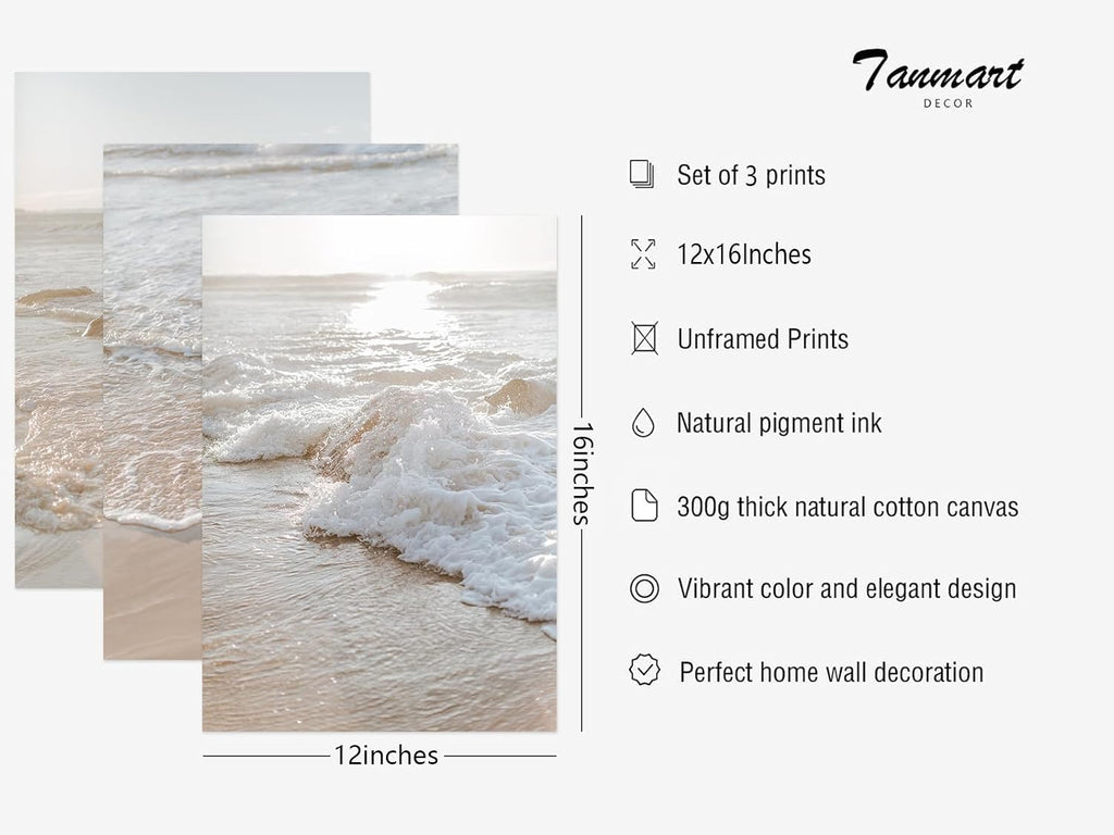 Beach Wall Art Decor Coastal Wall Art Pictures Ocean Canvas Wall Art Beige Beachy Wall Decor Boho Beach Prints Ocean - Set of 3
