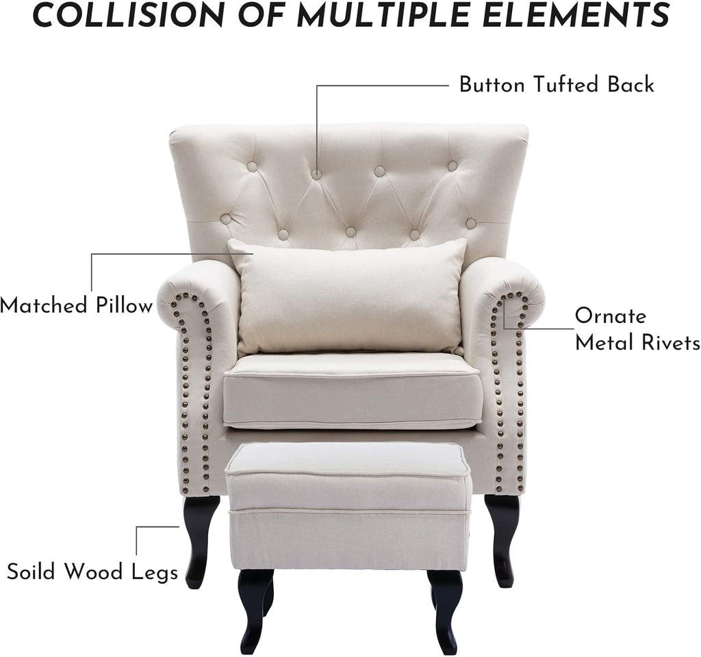 Accent Reading Arm Chairs with Ottoman Bedroom, Midcentury Modern Comfy Corner Sofa Chair, Wingback Waiting Room Club