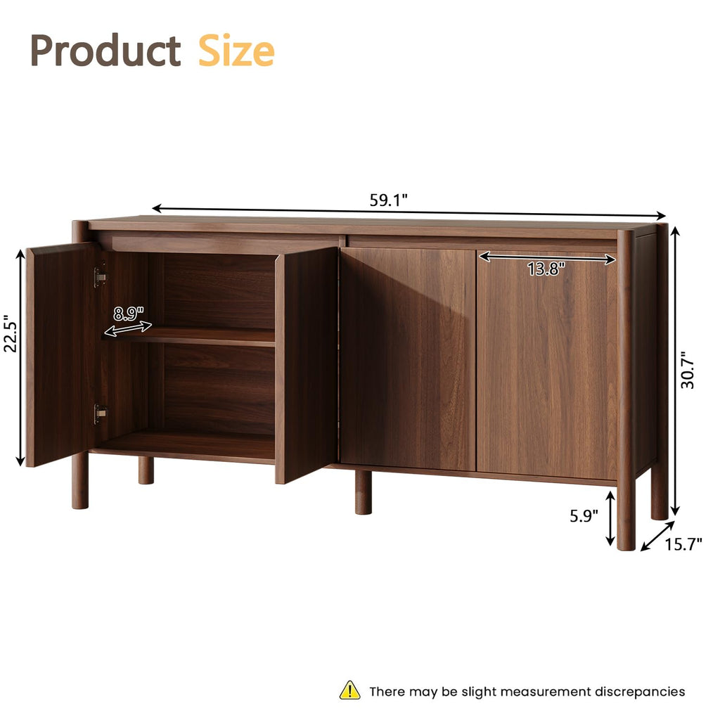 59" Walnut Sideboard Buffet Cabinet with Solid Wood Legs