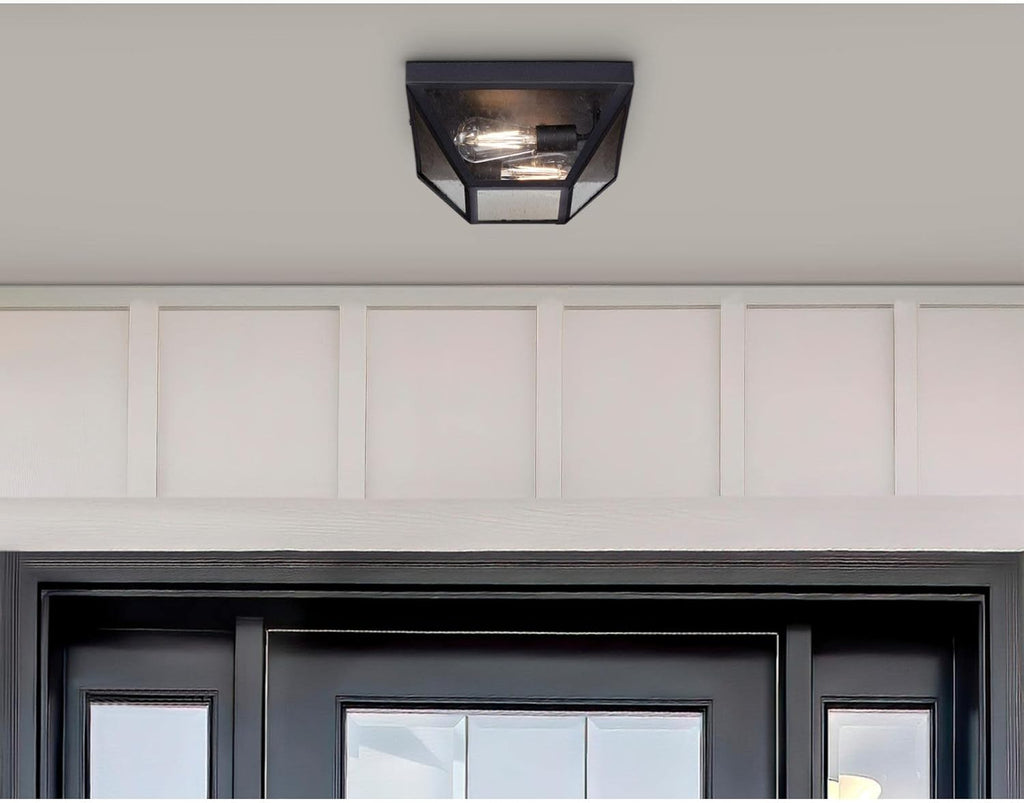 Wyndham 12 Inch Transitional Two-Light Outdoor Flush Mount Ceiling Light, Textured Black Finish, Clear Seeded Glass