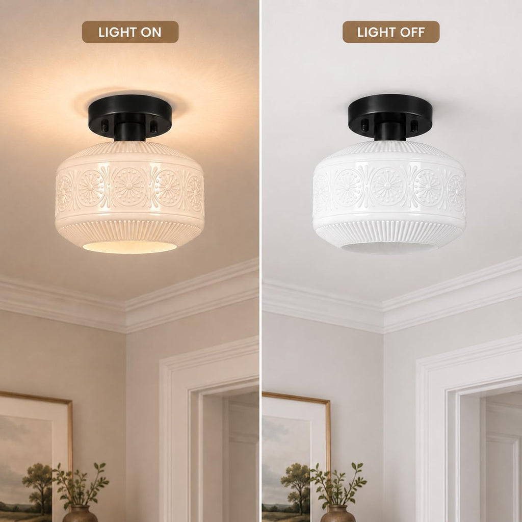 Black Semi Flush Mount Ceiling Light, Vintage Small Ceiling Light Fixture, Thickened White Glass Hallway Lighting