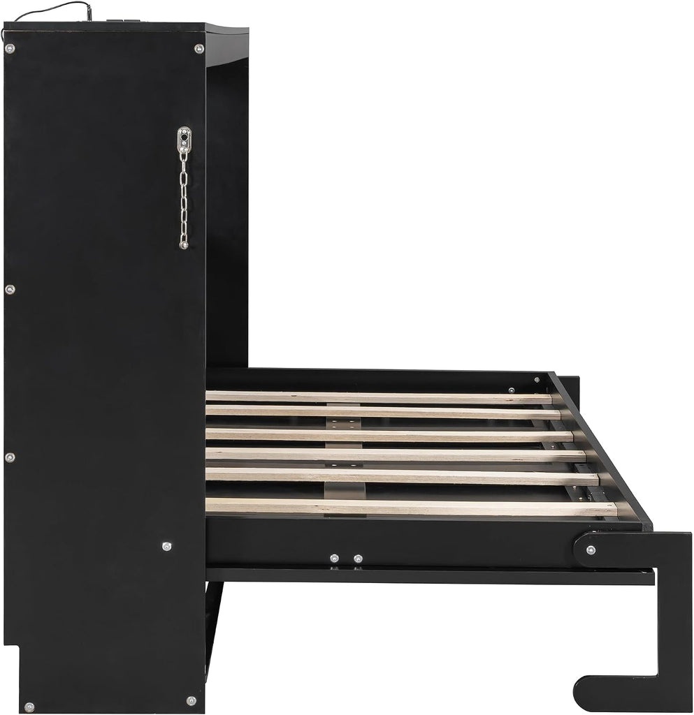 Modern Side-Folding Murphy Bed with Trendy Printed Pattern, Murphy Cabinet Wall Bed Frame with LED